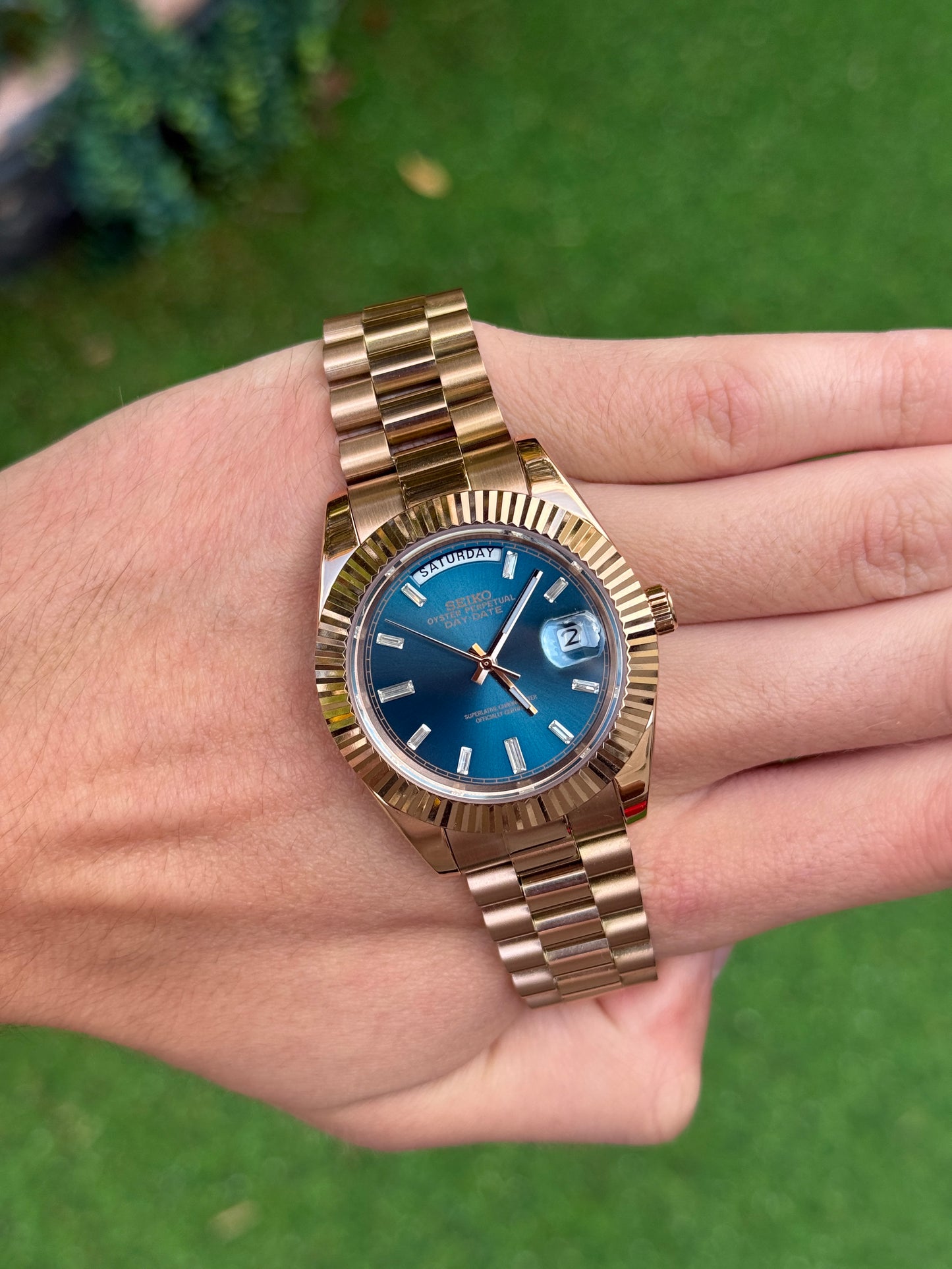 Blue Rose Gold DayDate Custom Seiko Mod 39MM