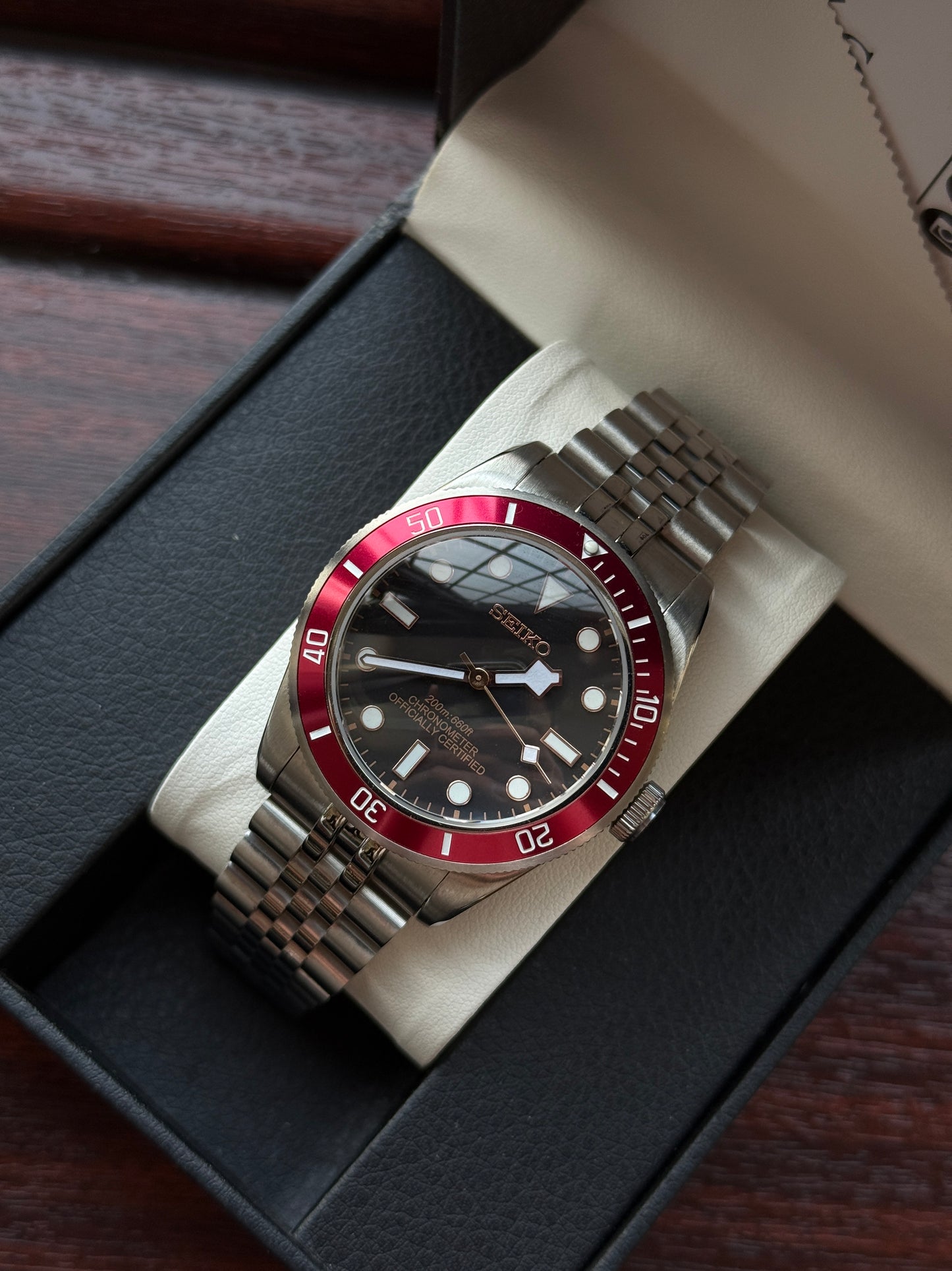 Red and Black Bay Custom Seiko Mod
