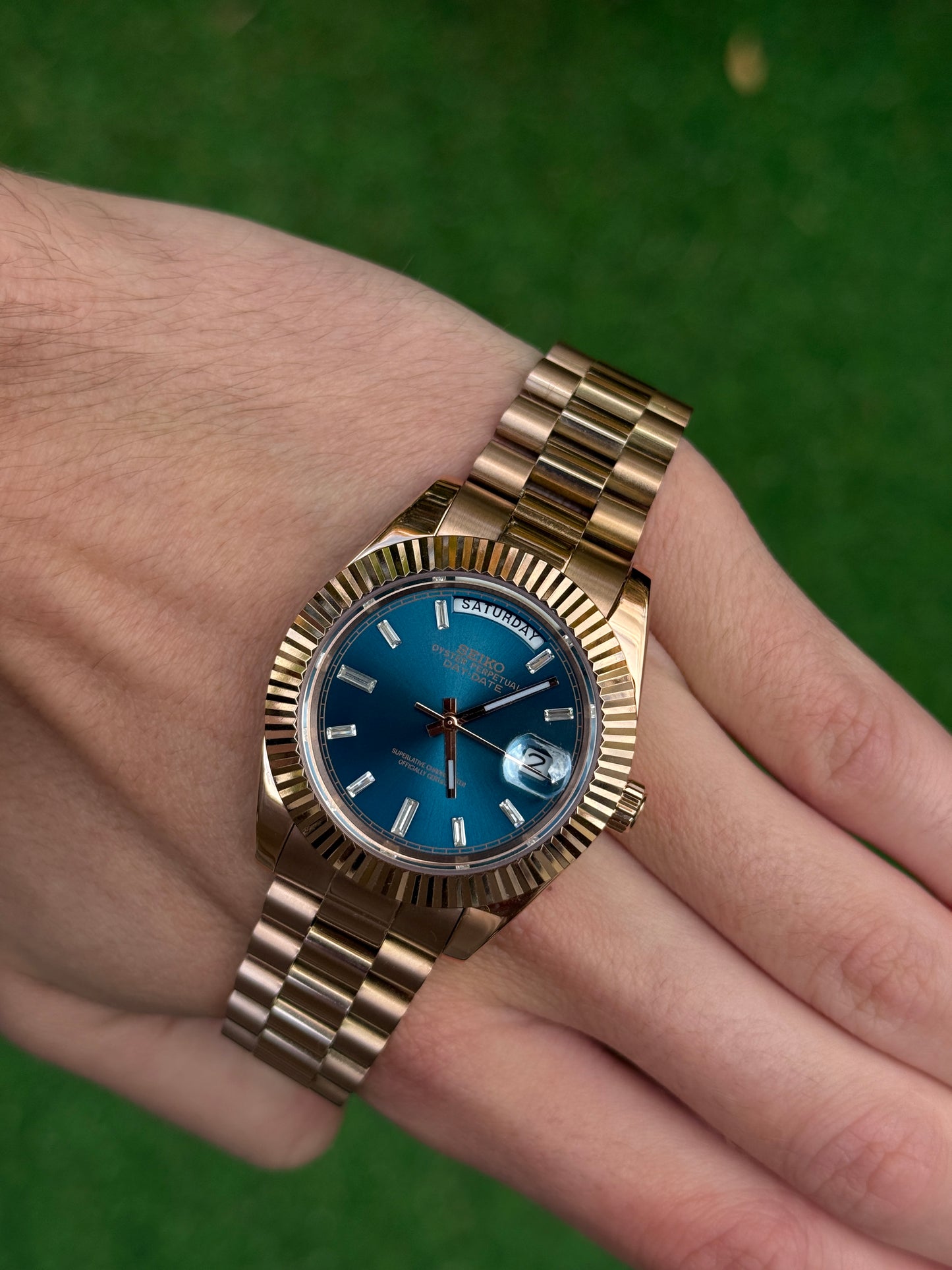 Blue Rose Gold DayDate Custom Seiko Mod 39MM