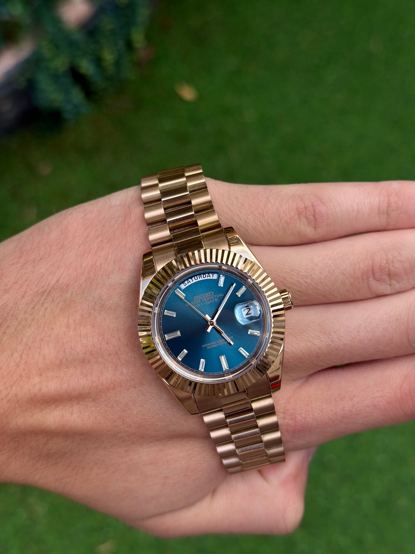 Blue Rose Gold DayDate Custom Seiko Mod 39MM