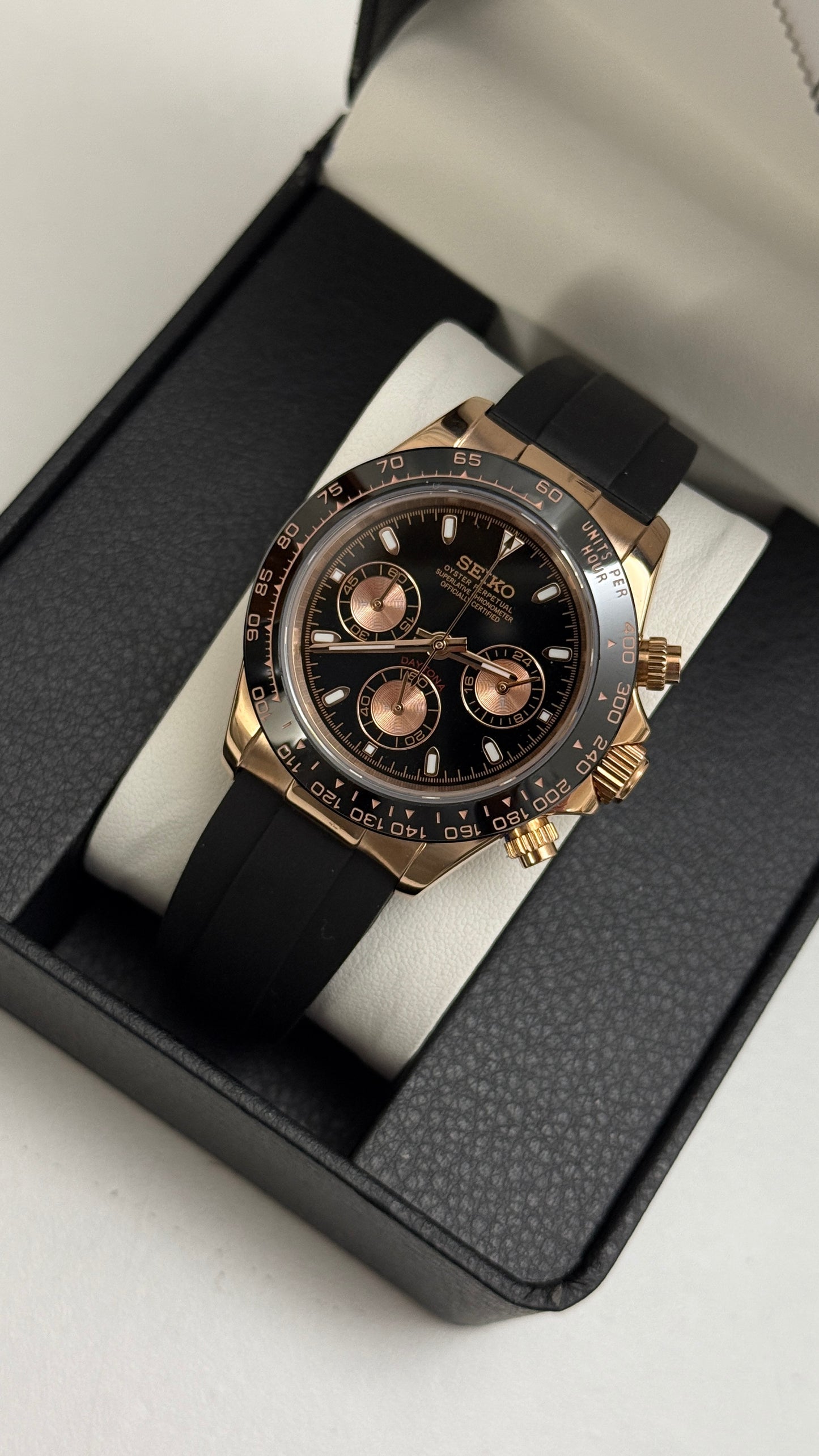 Black and Rose Gold Seiko Daytona Custom Seiko Mod (VK63)s