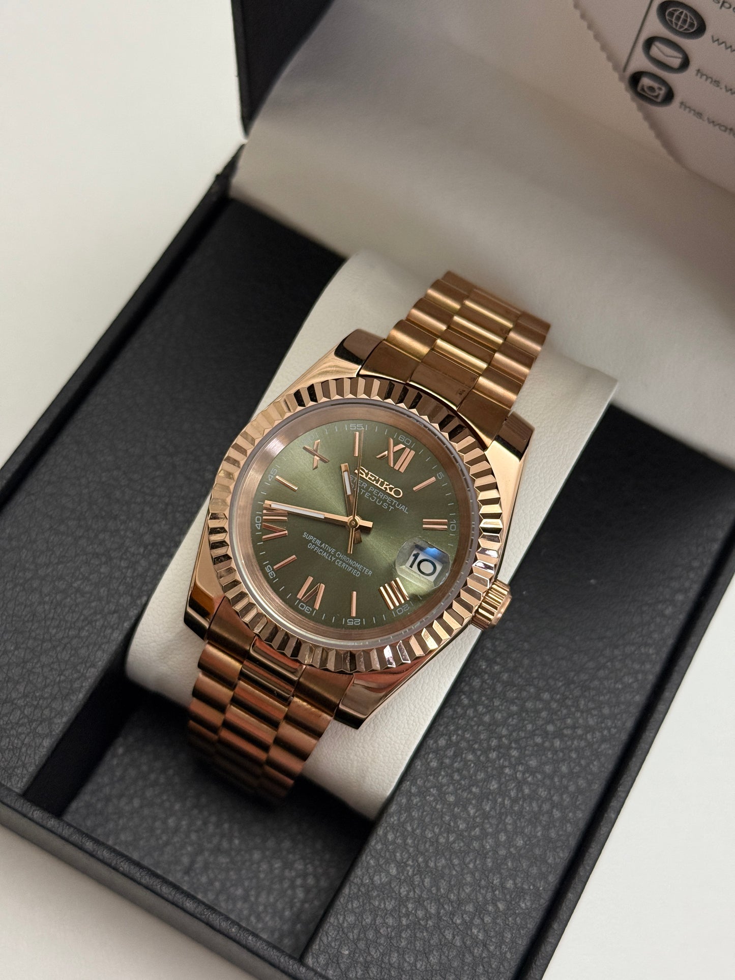 Rose Gold Green Roman DateJust Custom Seiko Mod