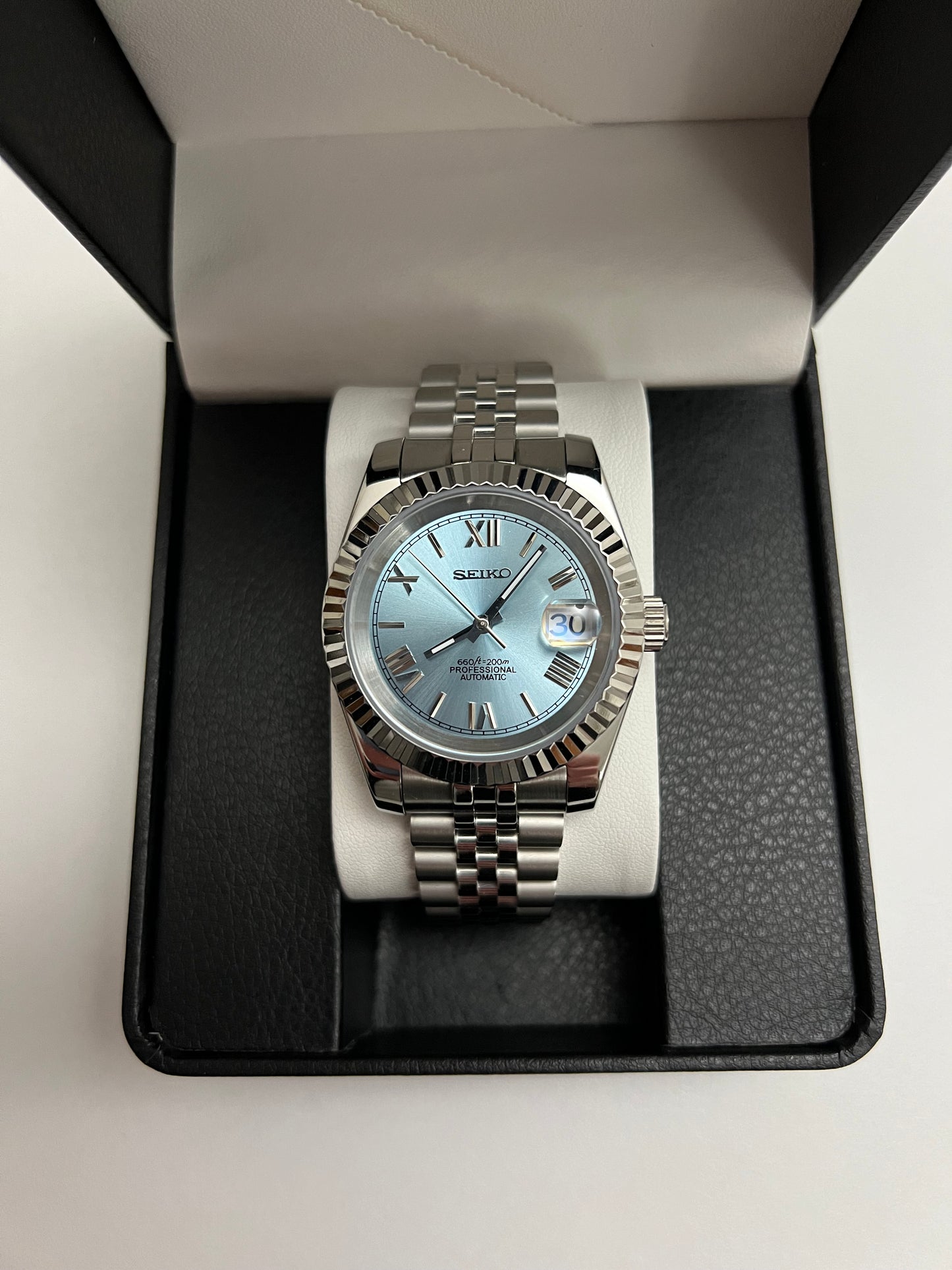Sky Blue Roman Datejust Custom Seiko Mod