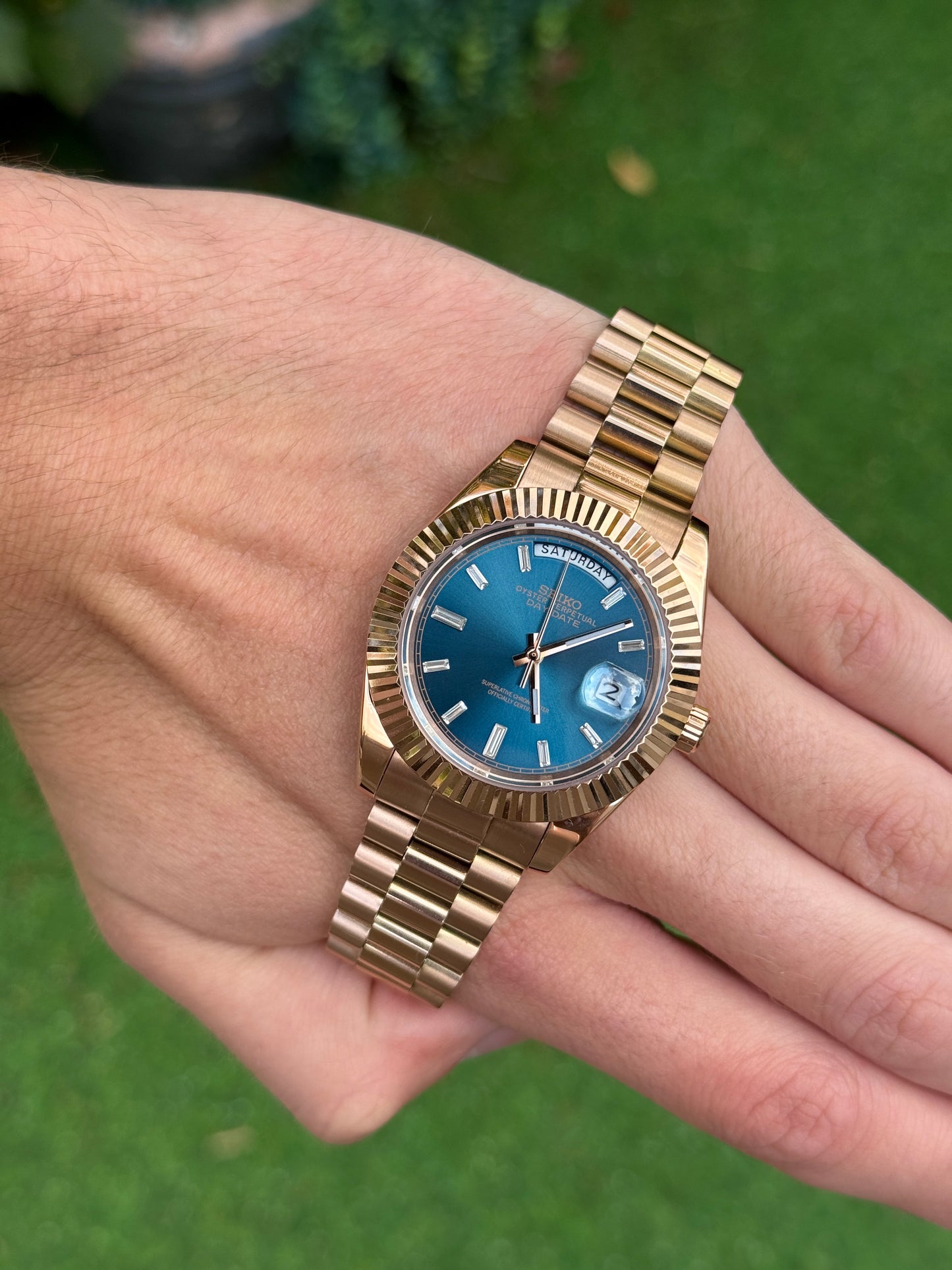 Blue Rose Gold DayDate Custom Seiko Mod 39MM