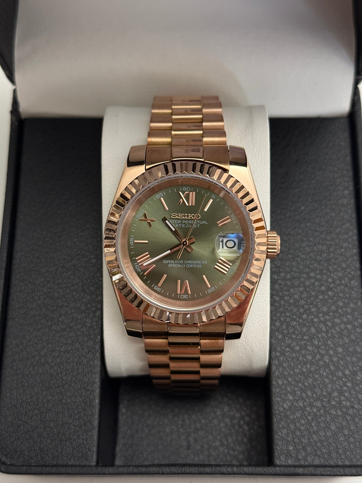 Rose Gold Green Roman DateJust Custom Seiko Mod