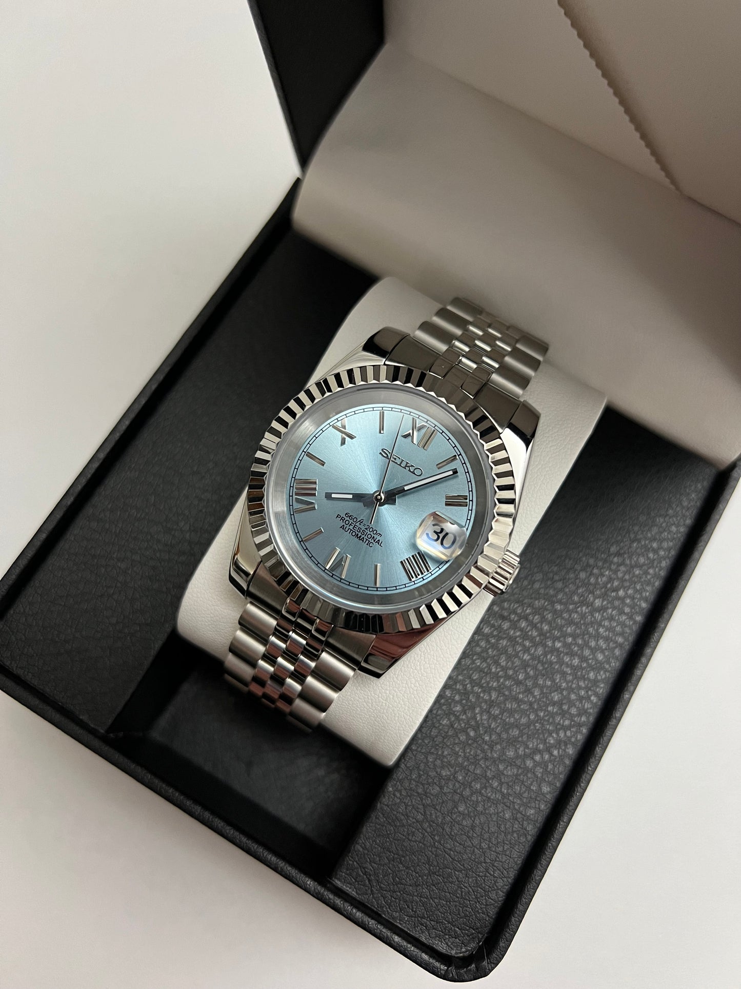 Sky Blue Roman Datejust Custom Seiko Mod
