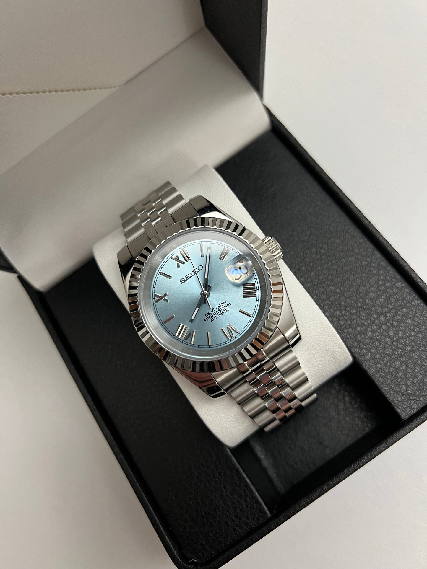 Sky Blue Roman Datejust Custom Seiko Mod