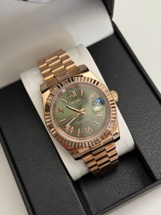 Rose Gold Green Roman DateJust Custom Seiko Mod
