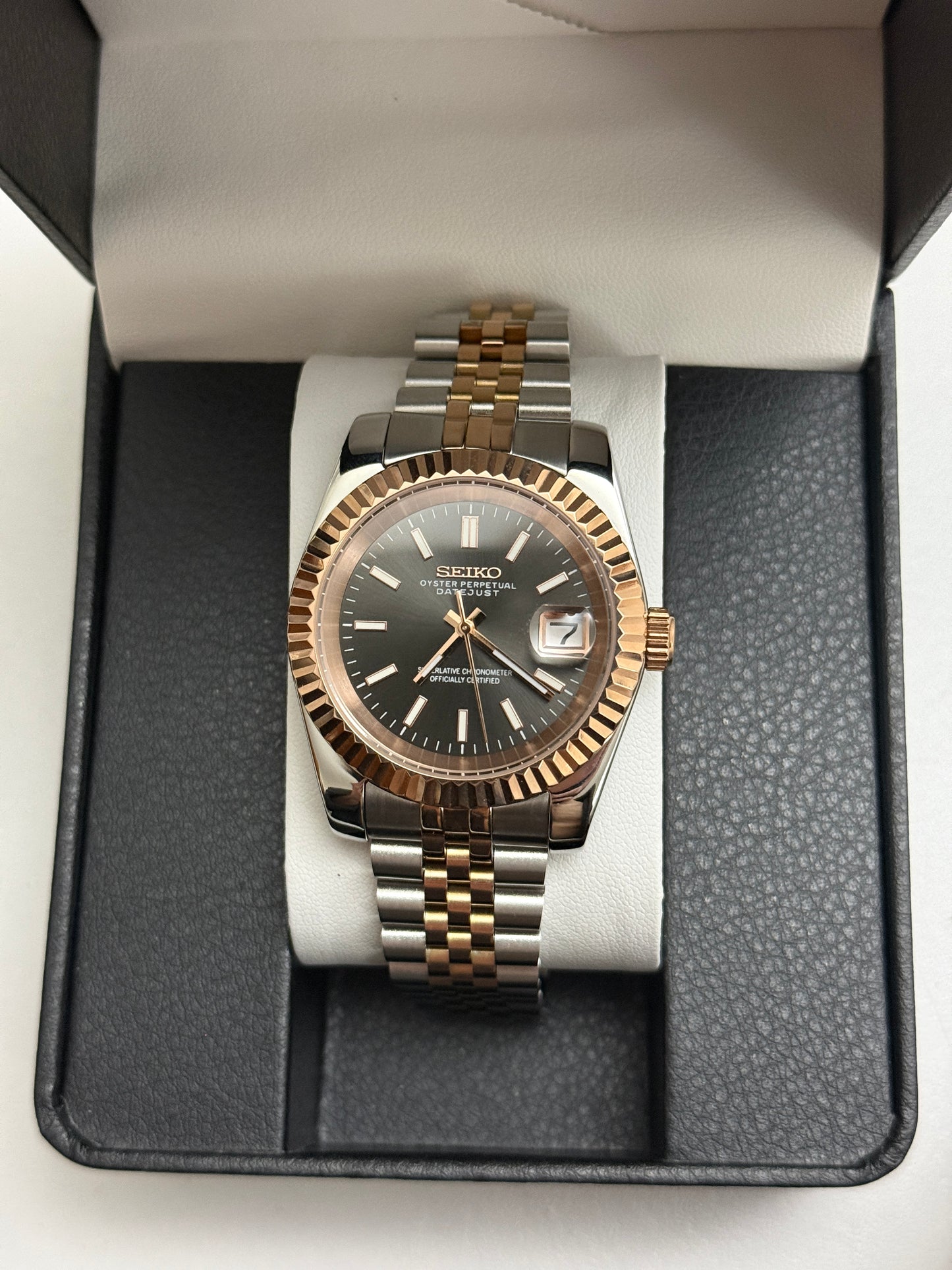 Grey and Rose Gold Datejust Custom Seiko mod