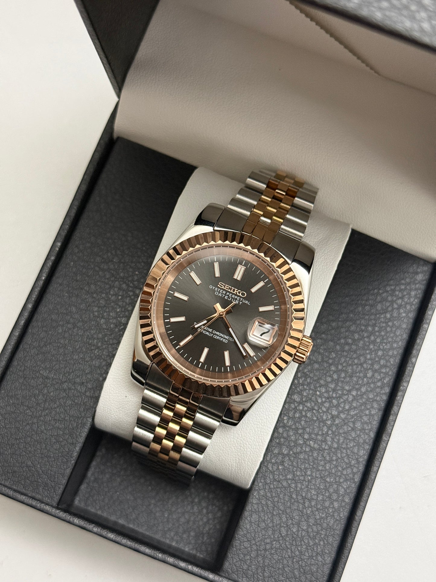 Grey and Rose Gold Datejust Custom Seiko mod