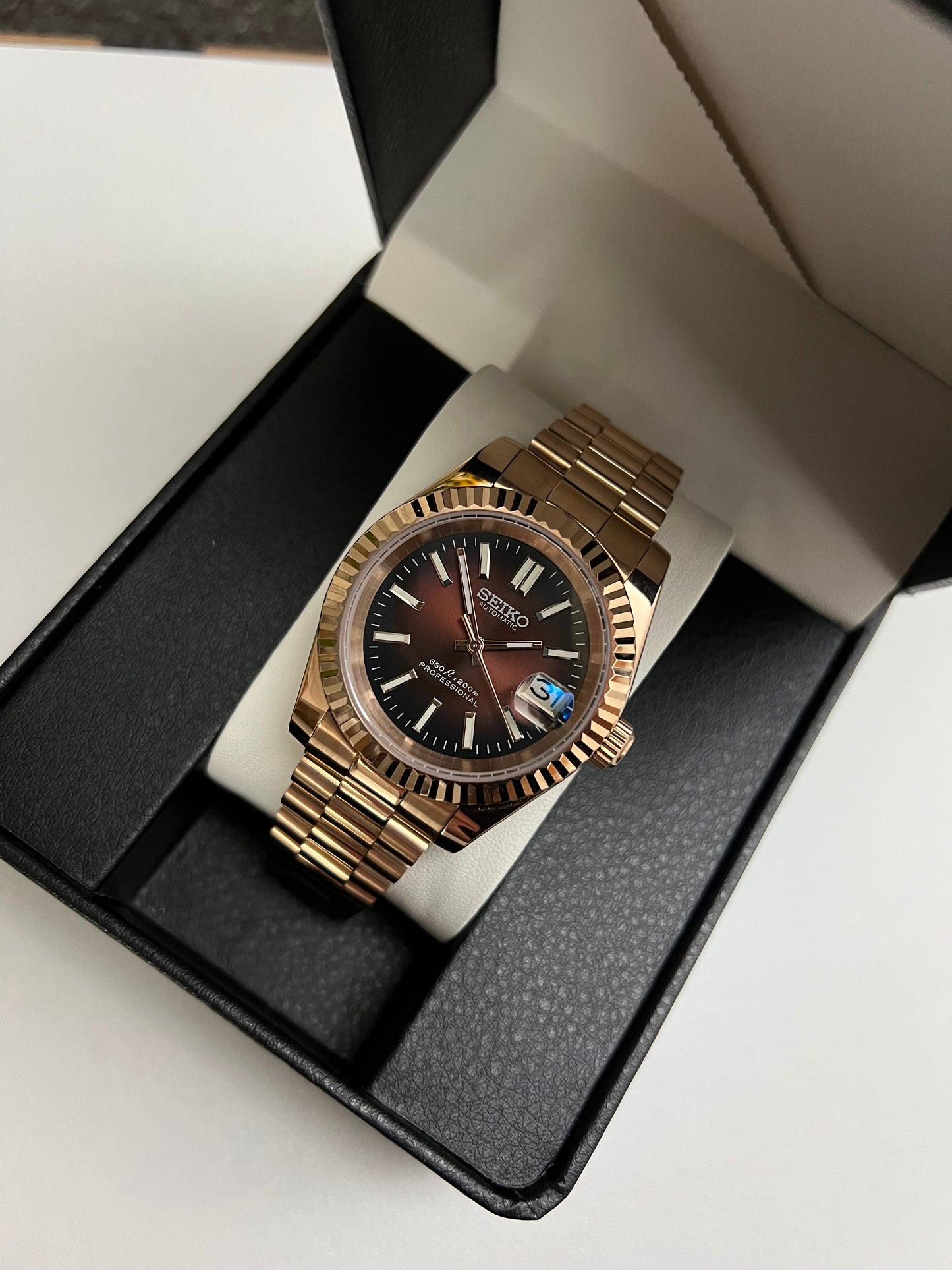 Rose Gold Chocolate Sunburst Datejust Custom Seiko Mod