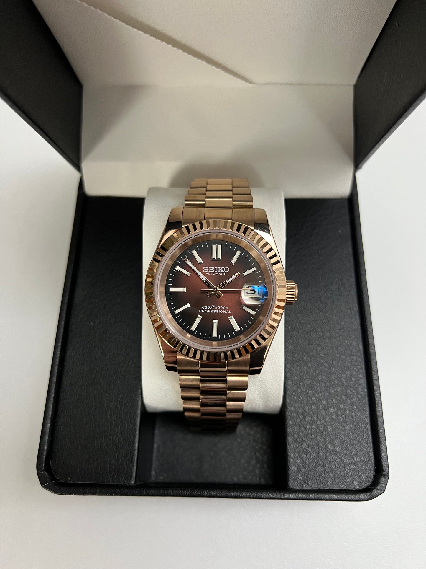 Rose Gold Chocolate Sunburst Datejust Custom Seiko Mod