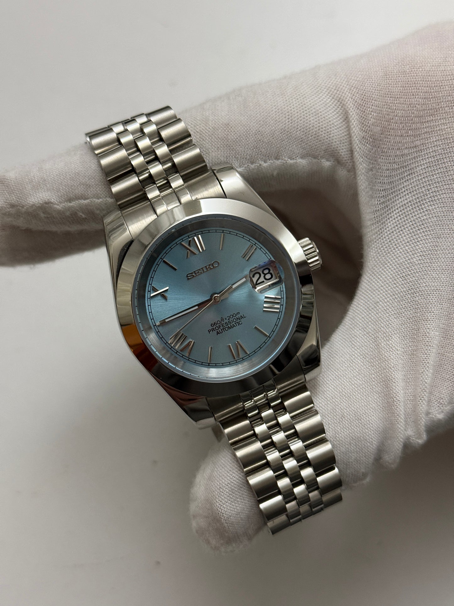 Sky Blue Roman Datejust Custom Seiko Mod