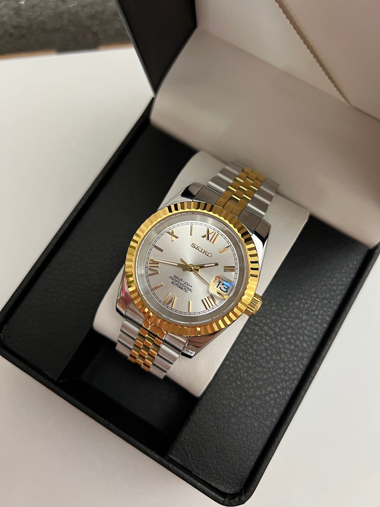 White Two-Tone Roman Datejust Custom Seiko Mod