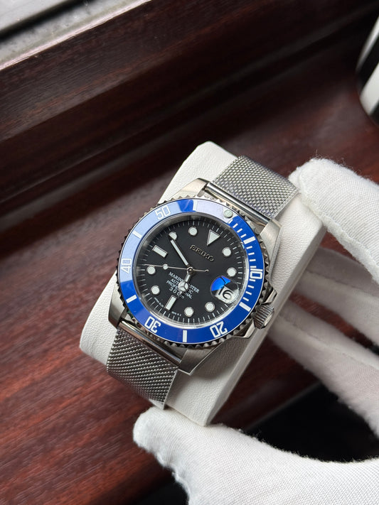 Blue Submariner Diver Watch With Mesh Bracelet Seiko Mod