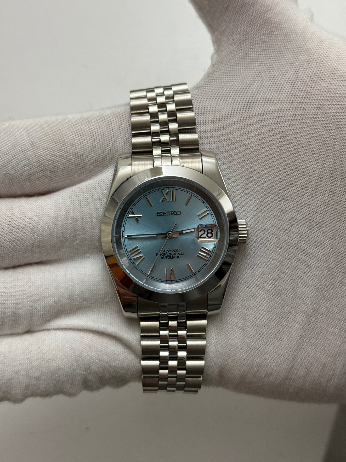 Sky Blue Roman Datejust Custom Seiko Mod