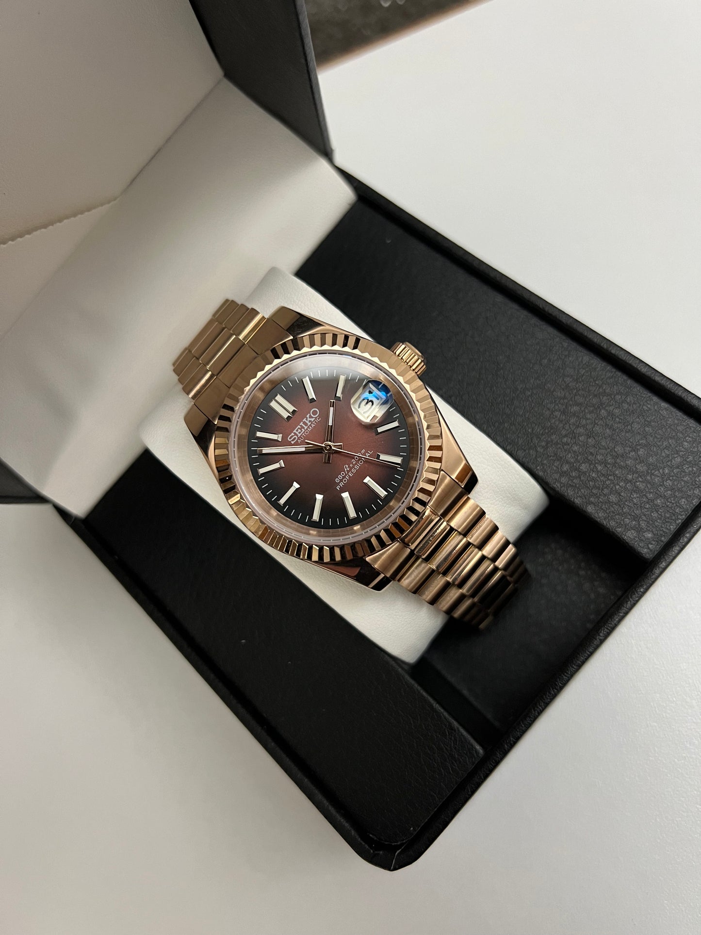 Rose Gold Chocolate Sunburst Datejust Custom Seiko Mod