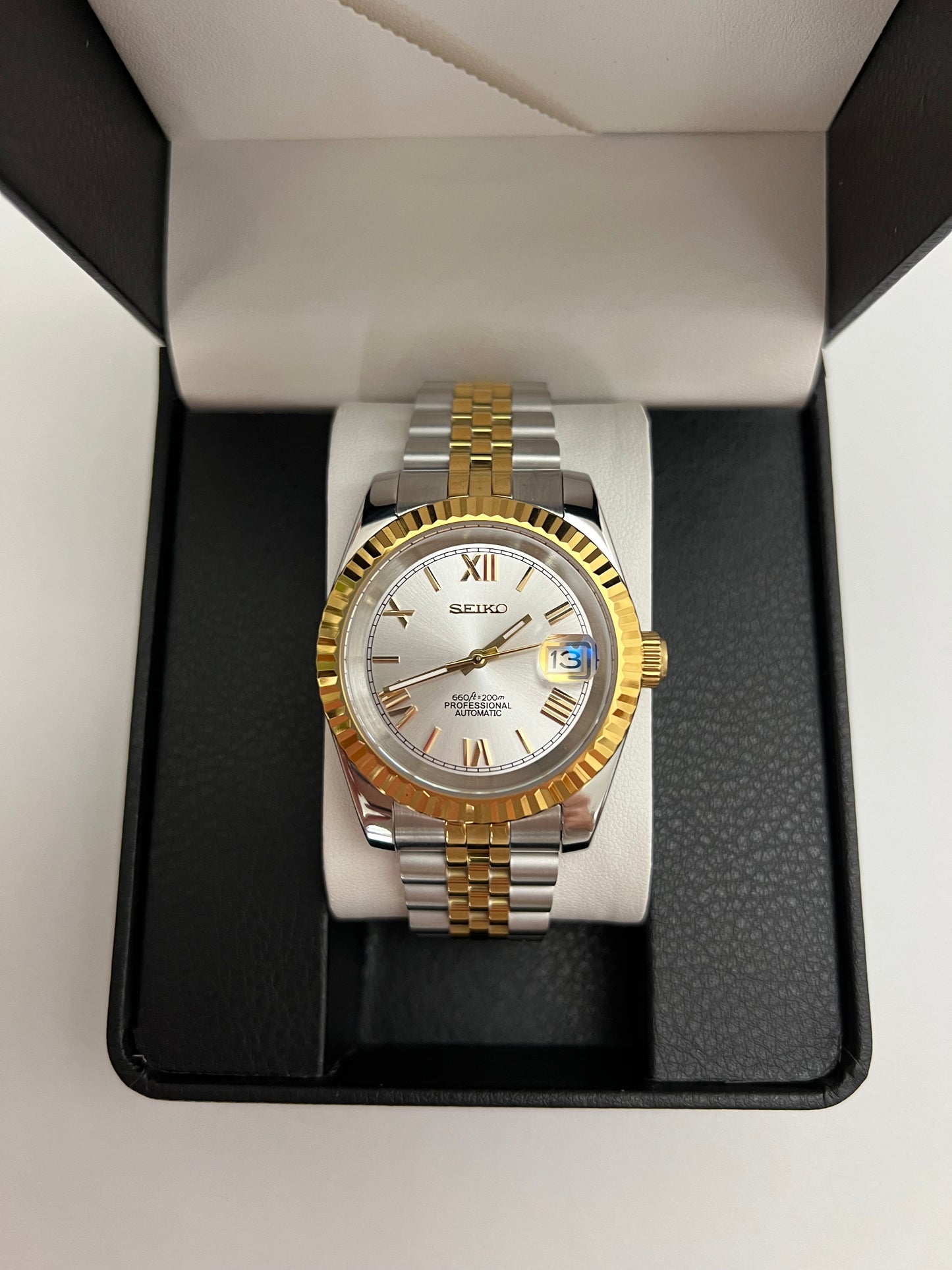 White Two-Tone Roman Datejust Custom Seiko Mod