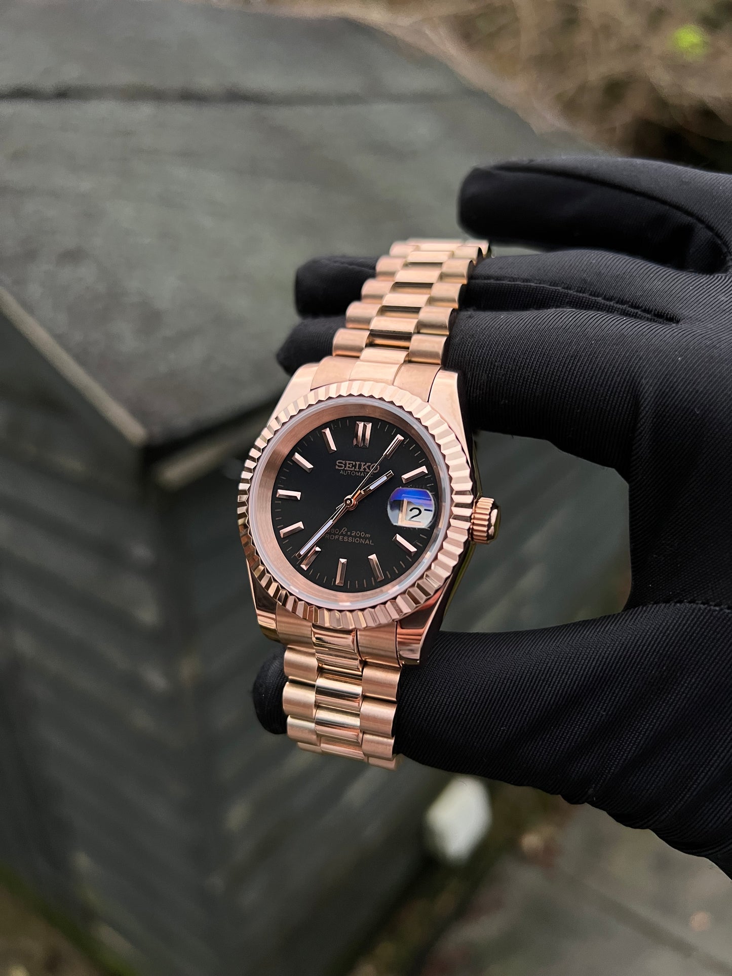 Rose Gold Black DateJust Custom Seiko Mod