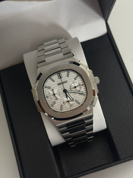 White Nautilus Custom Seiko Mod Quartz